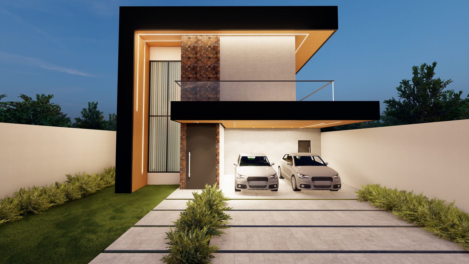 Projeto de fachada residencial noturna da Meninea