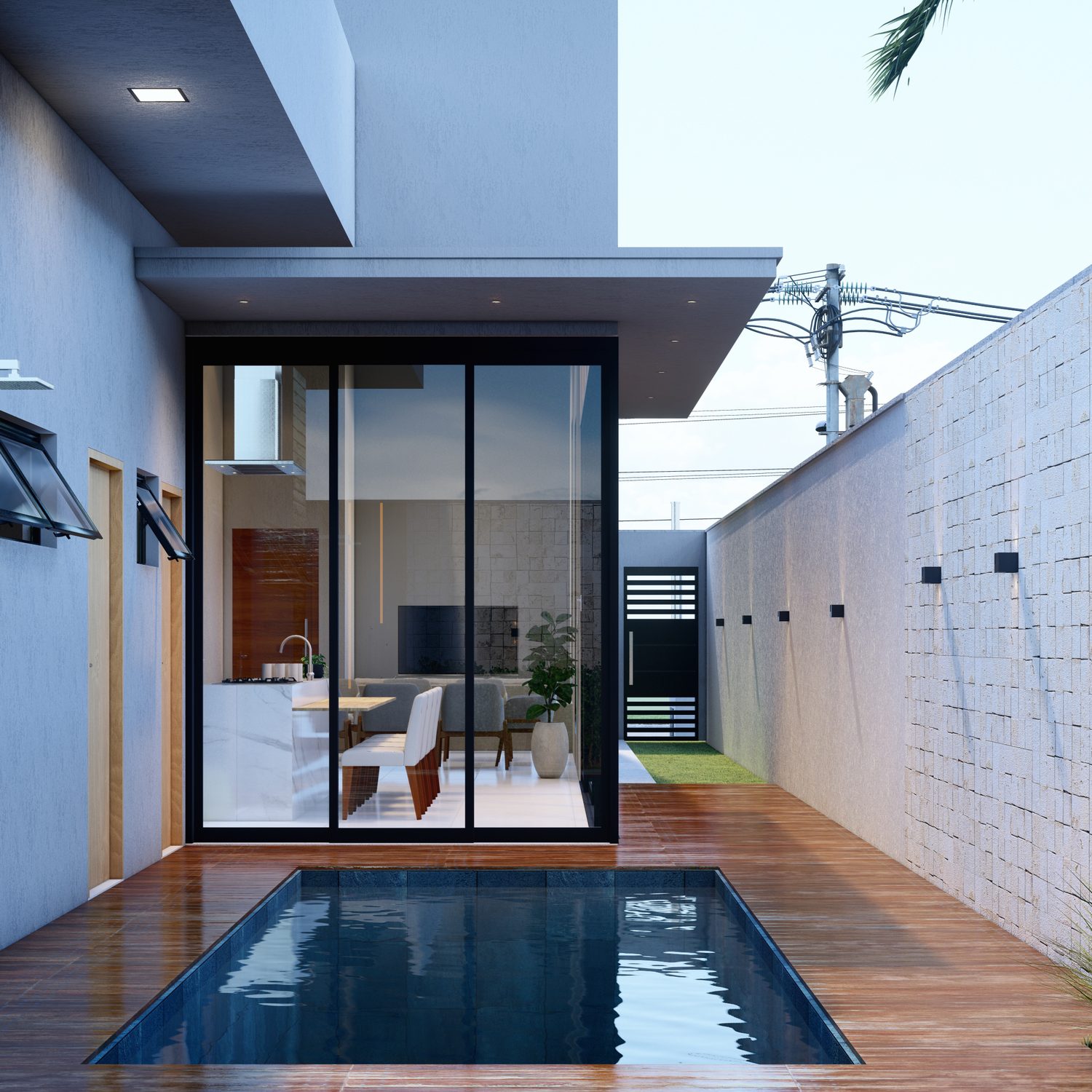 Projeto de área externa com piscina da Meninea